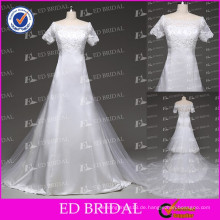 Neue Art- und Weisequadrat-Ausschnitt-Kurzschluss-Hülsen-Spitze Appliqued Hochzeits-Kleid mit abnehmbarem Zug